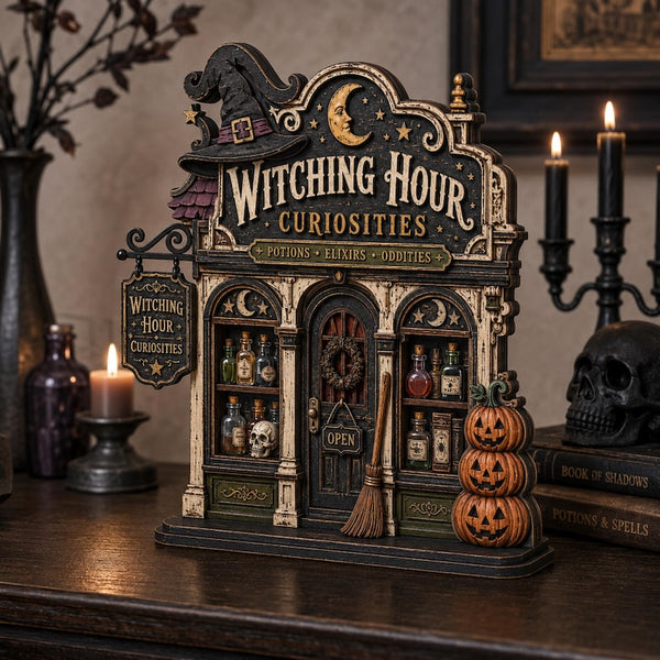 Witching Hour Curiosities Wooden Sign, Halloween Apothecary Decor, Witch Potion Shop Display