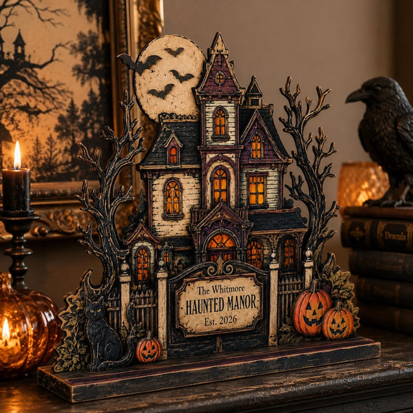 Personalized Haunted Manor Wooden Sign, Gothic Halloween Tabletop Decor, Family Name Shelf Sitter