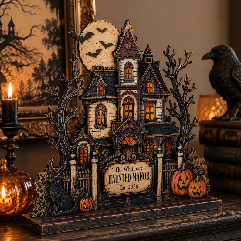 Personalized Haunted Manor Wooden Sign, Gothic Halloween Tabletop Decor, Family Name Shelf Sitter