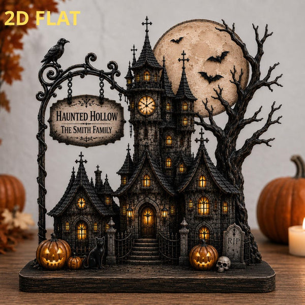 Personalized Haunted House Sign, Custom Family Name Halloween Decor, 2D Flat Wooden Haunted Hollow Tabletop Sign, Gothic Housewarming Gift