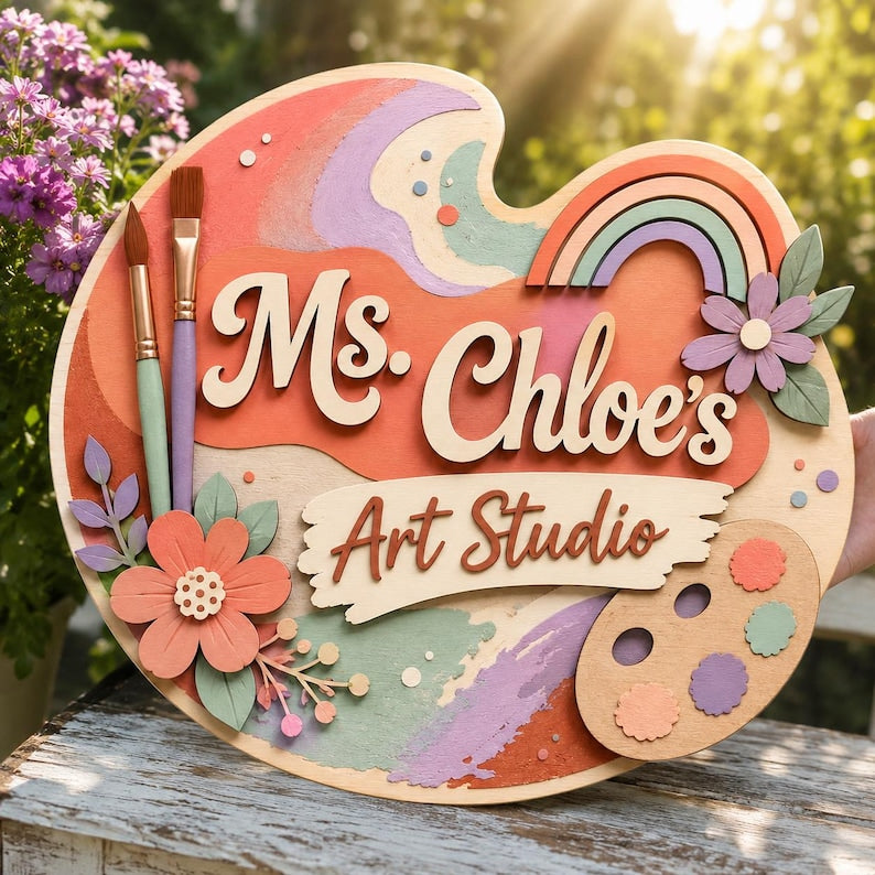 Personalized Wooden Art Teacher Door Sign, Artist Palette Classroom Decor