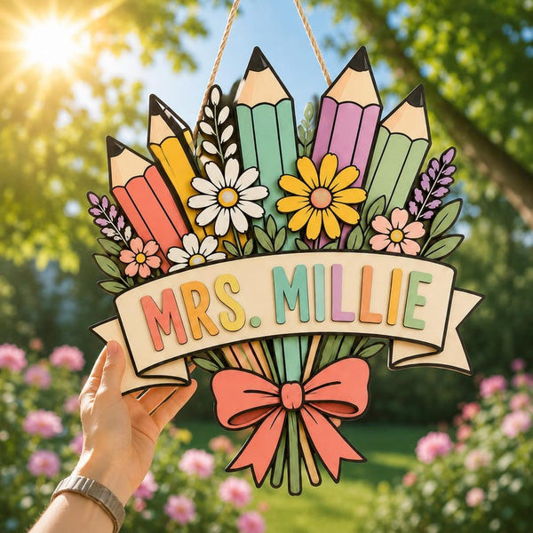 Personalized Teacher Name Sign, Pencil Bouquet Classroom Door Hanger, Back to School Decor