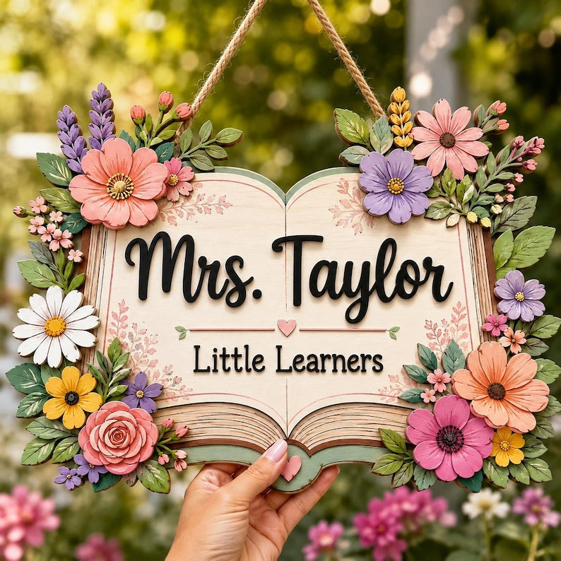 Personalized Floral Open Book Teacher Sign, Wooden Classroom Door Hanger