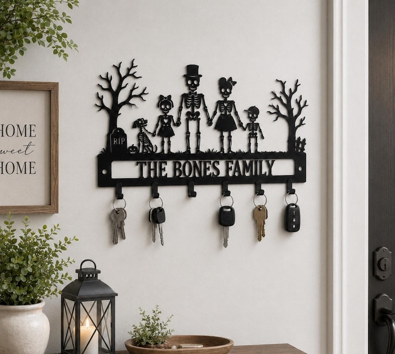 Personalized Skeleton Family Key Holder, Custom Metal Wall Decor, Gothic Entryway Hooks