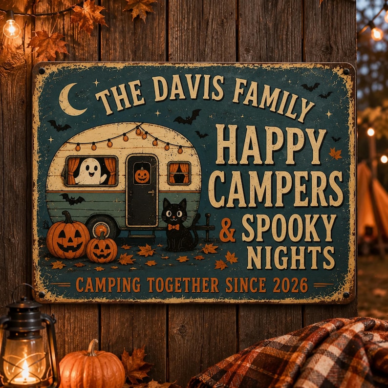 Personalized Halloween Family Metal Sign, Happy Campers Spooky Nights Metal Art
