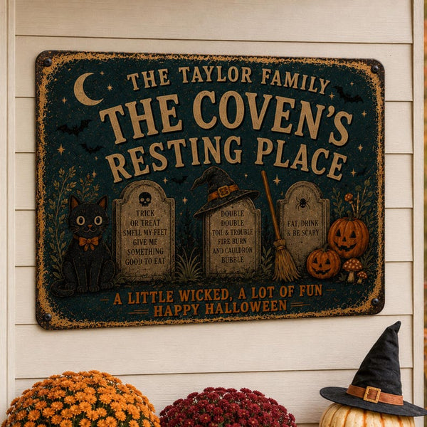 Personalized Halloween Metal Sign, The Coven's Resting Place, Custom Family Name Decor