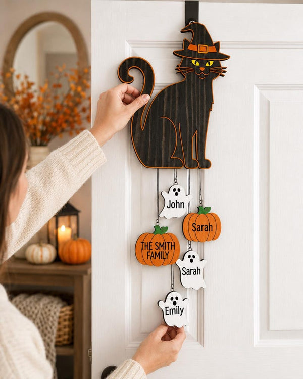 Personalized Halloween Black Cat Door Hanger, Custom Family Name Sign, Ghost Pumpkin Charms