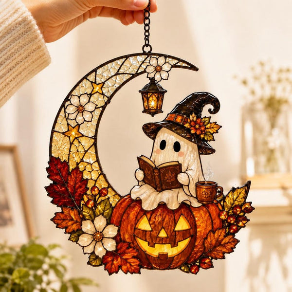 Ghost Reading Book Acrylic Suncatcher, Halloween Coffee Window Hanging