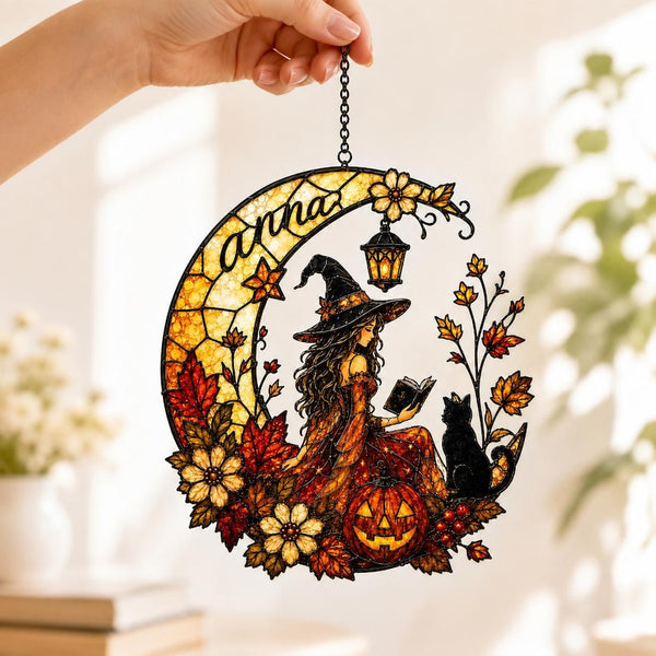 Custom Witch Reading Book Acrylic Suncatcher, Moon Cat Window Hanging
