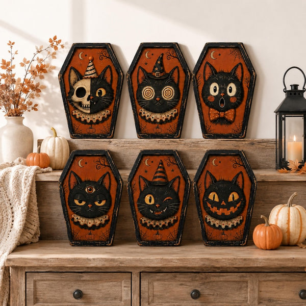 Set of 6 Black Cat Coffin Halloween Decor, Wooden Shelf Sitters, Gothic Tabletop Decorations