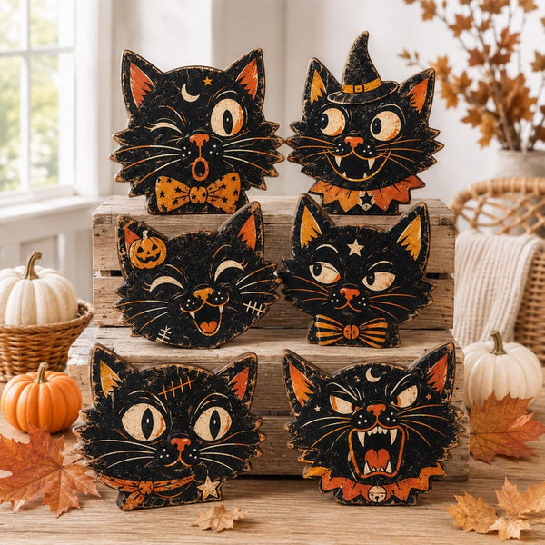 Set of 6 Wooden Black Cat Halloween Shelf Sitters, Retro Spooky Decor