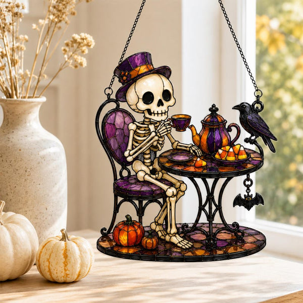 Skeleton Tea Party Acrylic Suncatcher, Halloween Raven Witch Decor, Spooky Fall Window Hanging