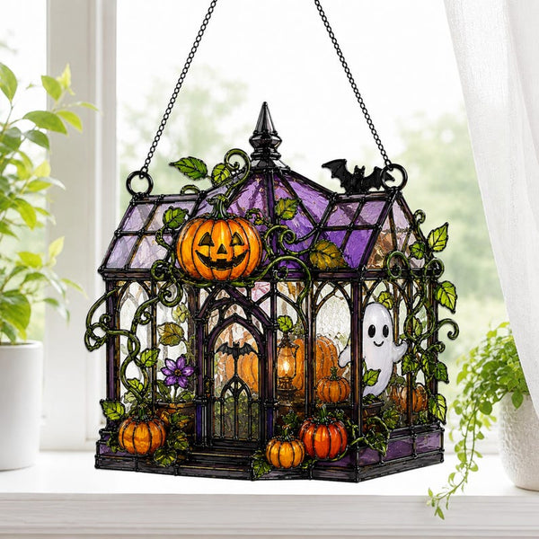 Halloween Greenhouse Suncatcher, Ghost Pumpkin Garden Decor, Plant Lover Gift