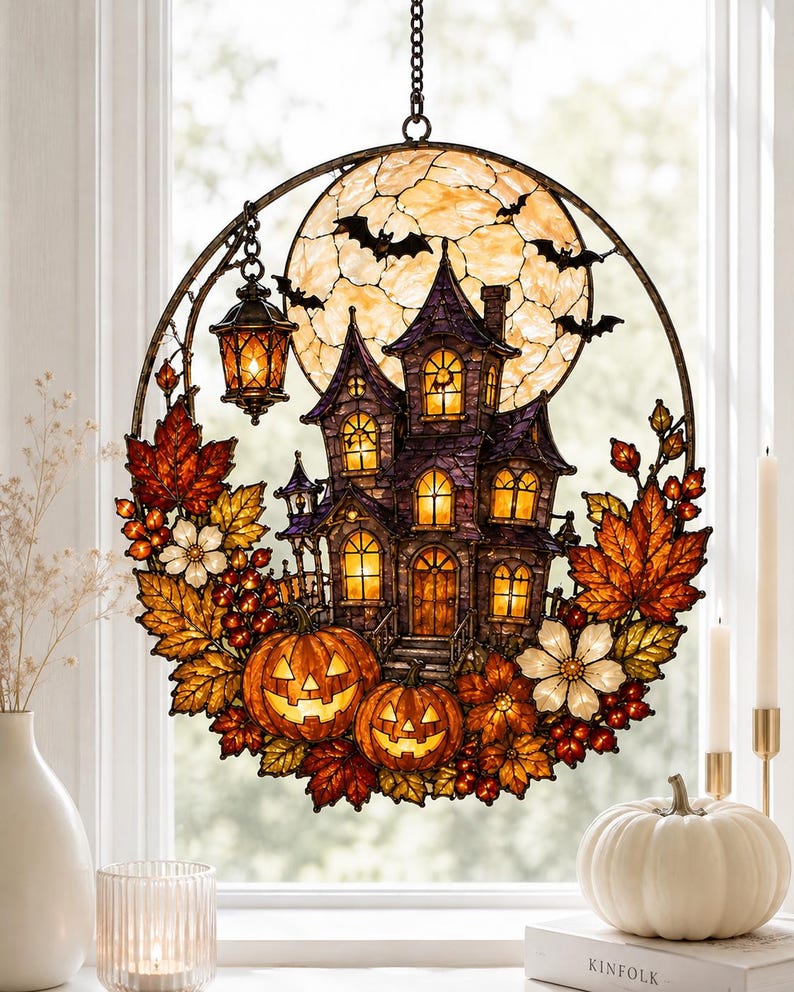 Haunted House Acrylic Suncatcher, Full Moon Pumpkin Halloween Window Hanging