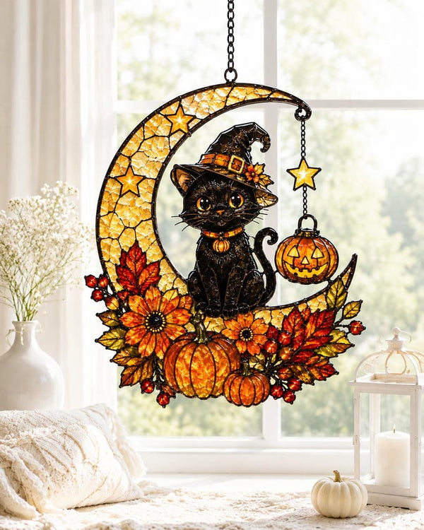 Black Cat Witch Suncatcher, Crescent Moon Halloween Window Hanging, Acrylic Fall Decor