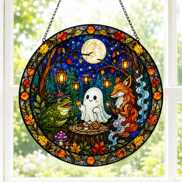 Moonlit Woodland Tea Party Suncatcher, Ghost Frog Fox Acrylic Window Hanging