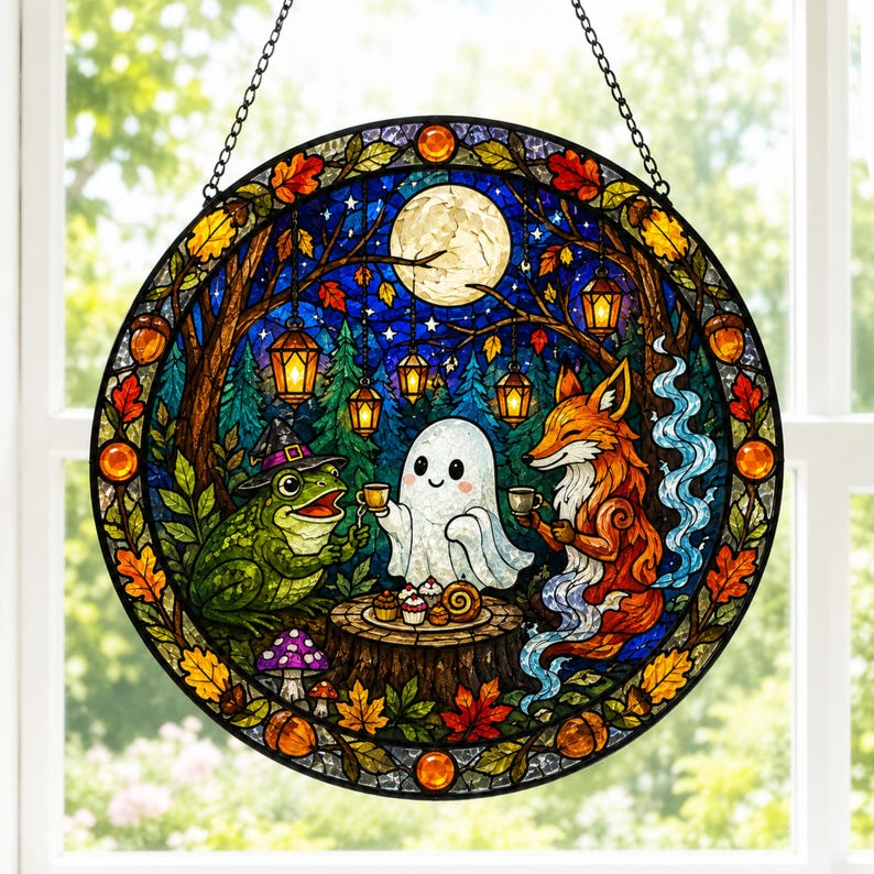 Moonlit Woodland Tea Party Suncatcher, Ghost Frog Fox Acrylic Window Hanging