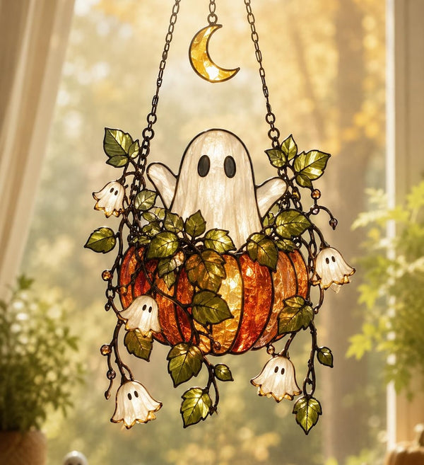 Halloween Pumpkin Ghost Acrylic Window Hanging, Spooky Suncatcher Home Art (UV Printed)