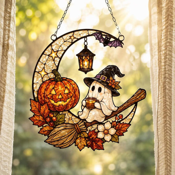 Ghost Witch Broom Acrylic Suncatcher, Pumpkin Moon Halloween Window Hanging
