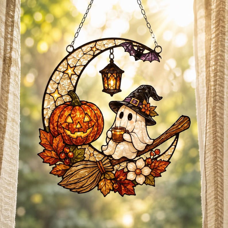 Ghost Witch Broom Acrylic Suncatcher, Pumpkin Moon Halloween Window Hanging