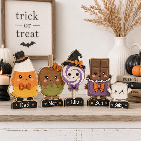 Personalized Halloween Candy Family Sign, Wood Tabletop Decor, Custom Name Display