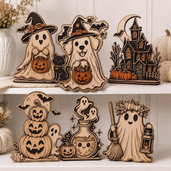 Laser Cut Wood Halloween Shelf Sitter Collection, Ghost Dog, Pumpkin Stack, Potion Bottle
