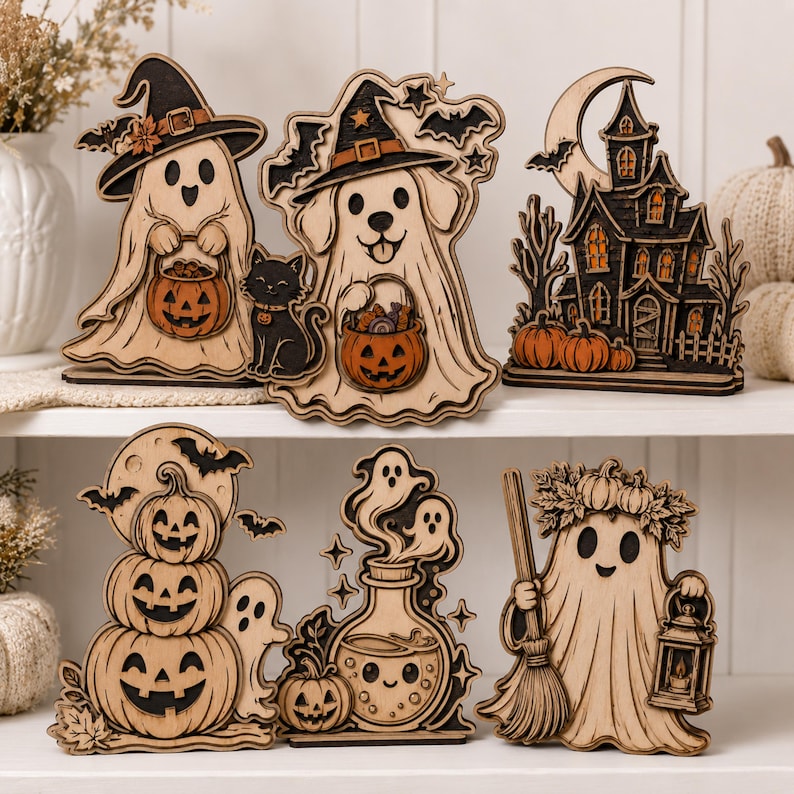Laser Cut Wood Halloween Shelf Sitter Collection, Ghost Dog, Pumpkin Stack, Potion Bottle