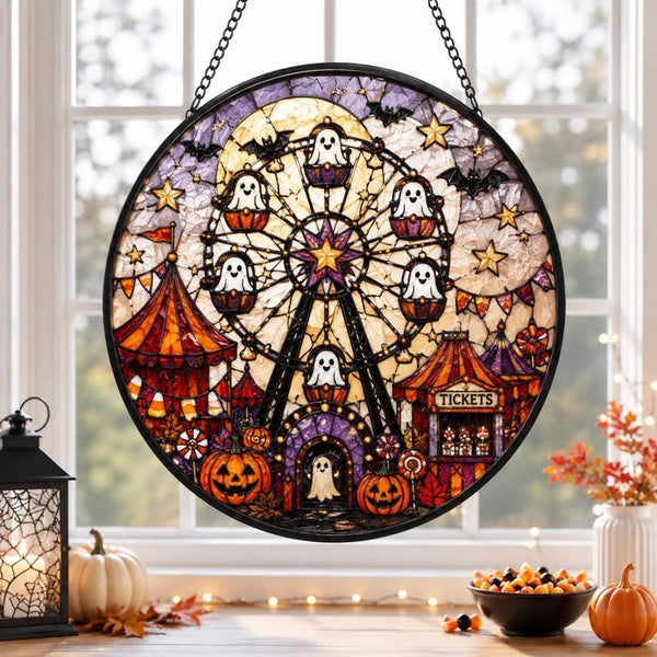 Ghost Ferris Wheel Acrylic Suncatcher, Haunted Carnival Window Hanging, Halloween Amusement Park Decor