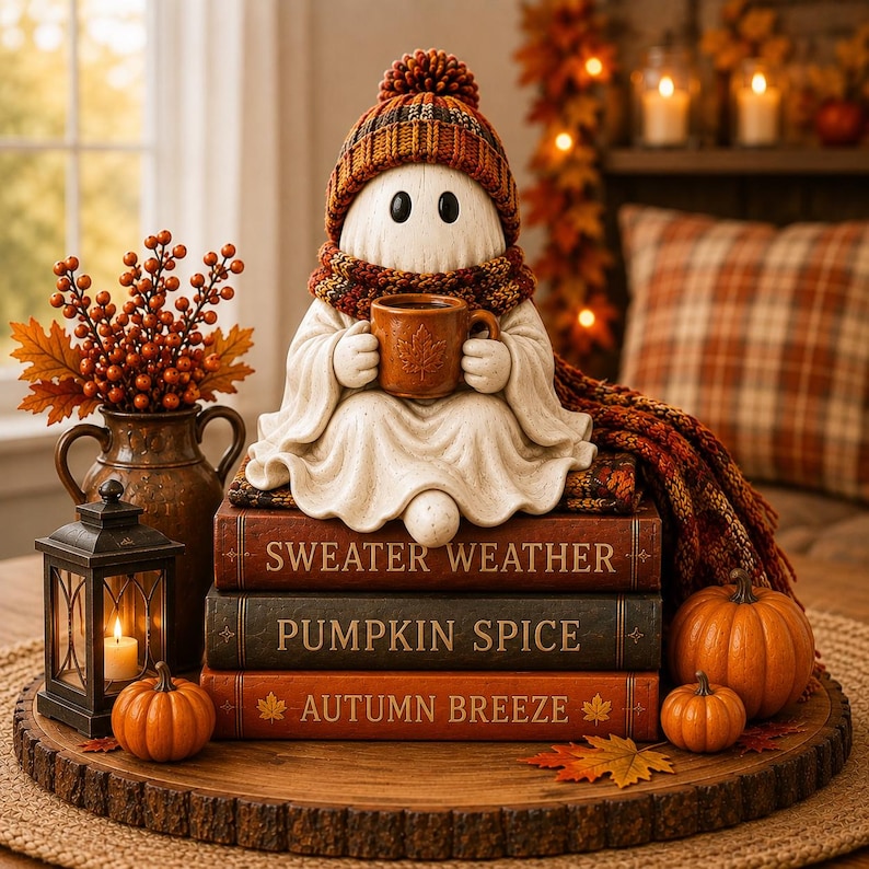 Ghost Reading Book Stack Halloween Decor, Cozy Fall Autumn Bookshelf Accent