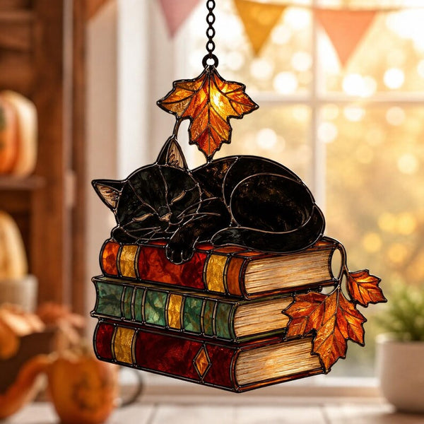 Black Cat Sleeping on Books Acrylic Suncatcher, Window Hanging, Book Lover Gift