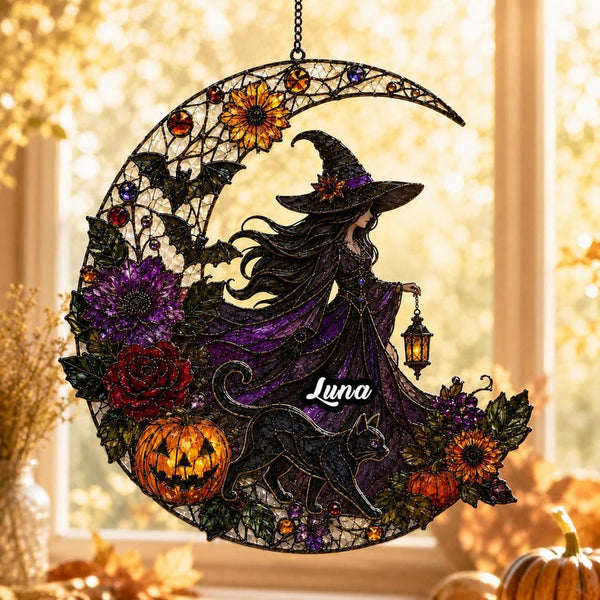 Halloween Witch Black Cat Acrylic Suncatcher, Witchy Moon Window Hanging Decor