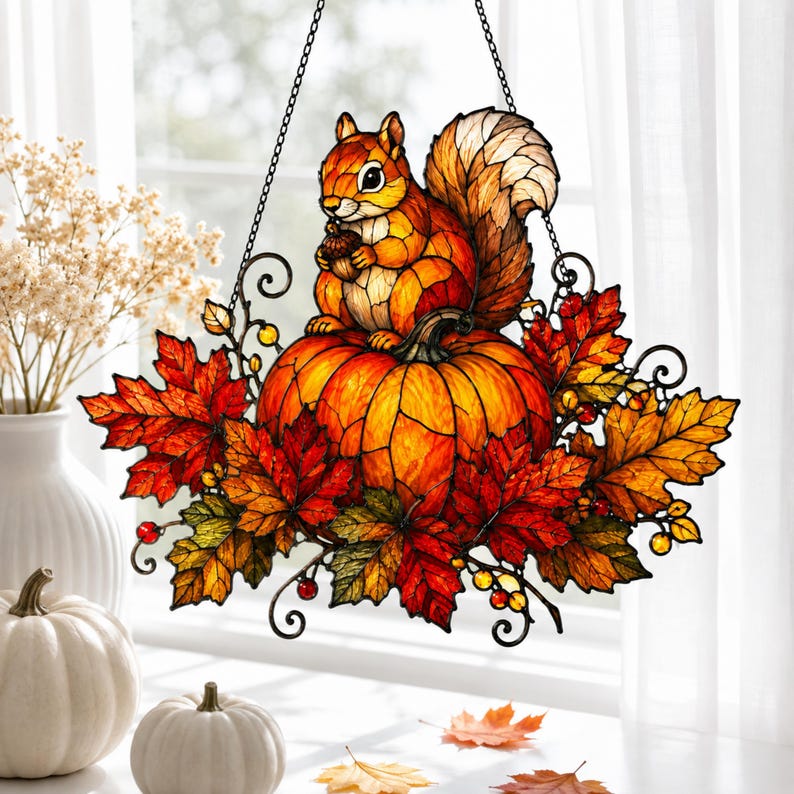 Squirrel Pumpkin Acrylic Suncatcher, Autumn Leaves Window Hanging (UV Printed)
