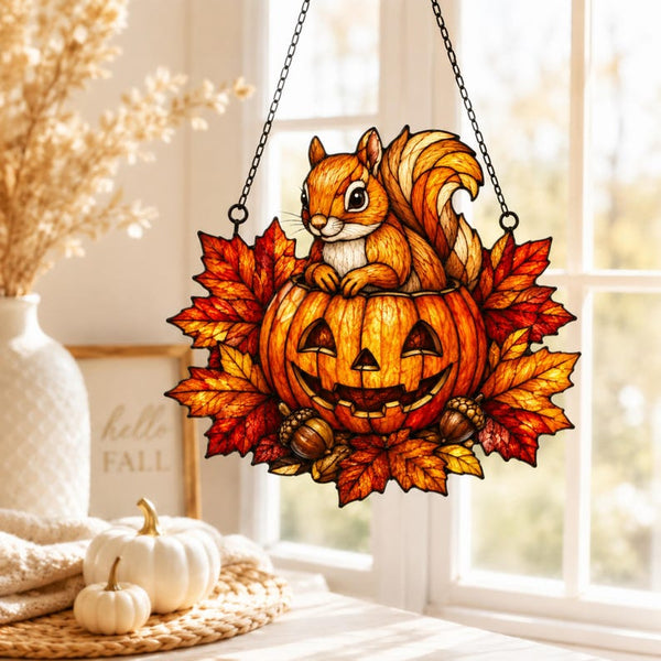 Fall Acrylic Suncatcher, Maple Leaf Harvest Decor, Woodland Halloween Gift, Autumn Animal Ornament