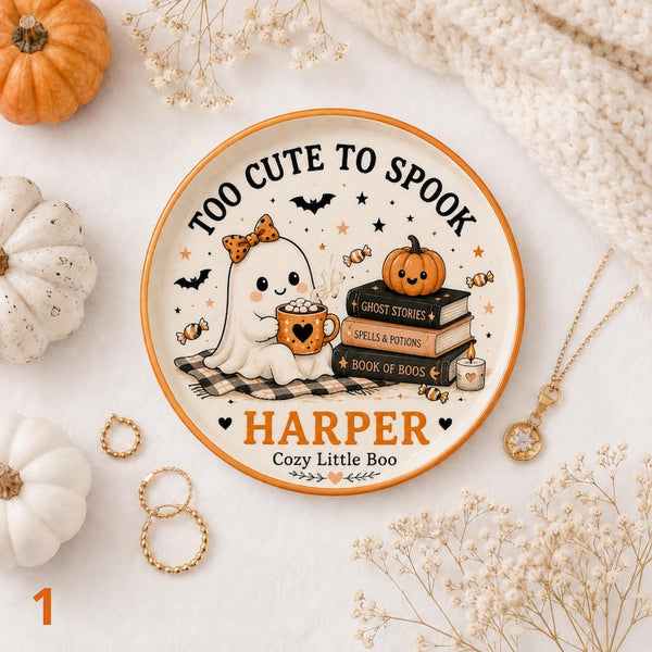 Personalized Ceramic Jewelry Tray, Ghost Book Lover Trinket Dish, Halloween Gift