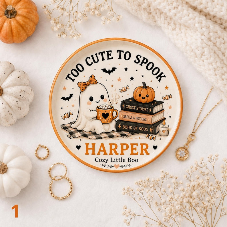 Personalized Ceramic Jewelry Tray, Ghost Book Lover Trinket Dish, Halloween Gift