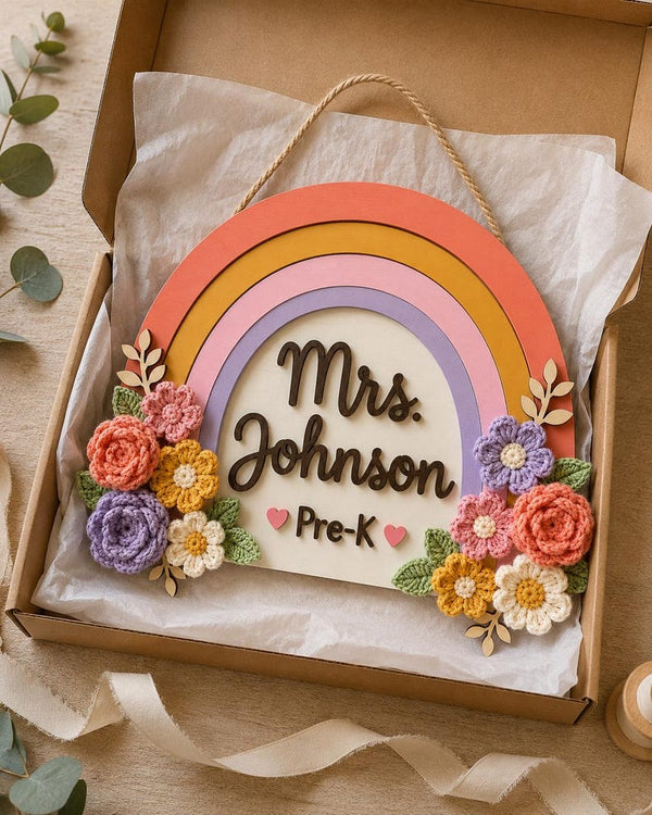 Personalized Rainbow Teacher Door Sign, Floral Layered Wood Classroom Decor