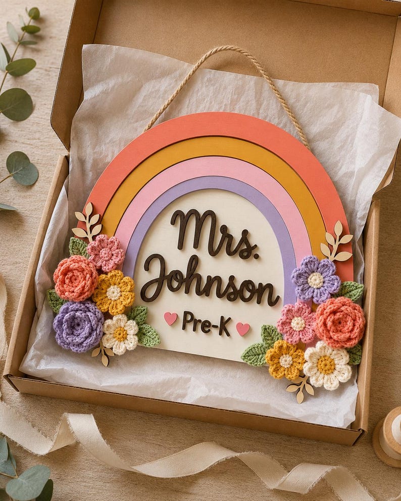 Personalized Rainbow Teacher Door Sign, Floral Layered Wood Classroom Decor