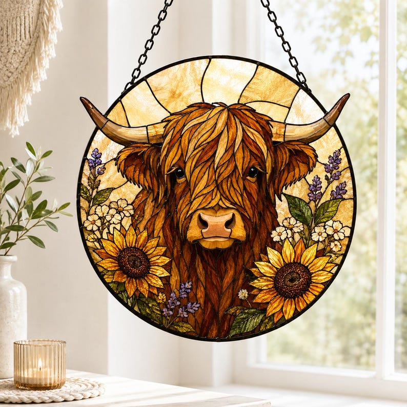 Highland Cow Sunflower Glass Suncatcher, Farmhouse Rustic Window Hanging Decor