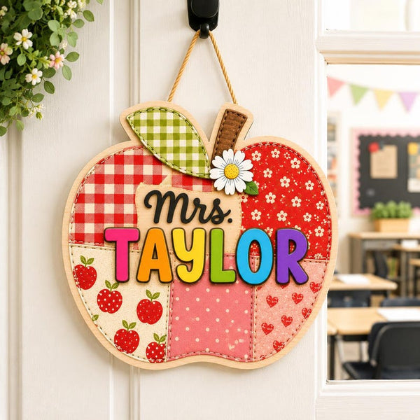 Personalized Apple Teacher Door Sign, Custom Classroom Decor, Back To School Gift