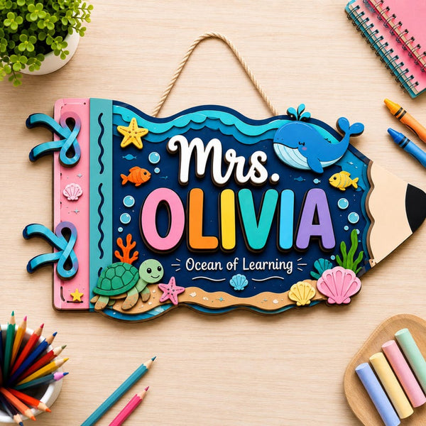 Personalized Ocean Teacher Pencil Sign, Whale Turtle Classroom Decor, Custom Name Door Sign