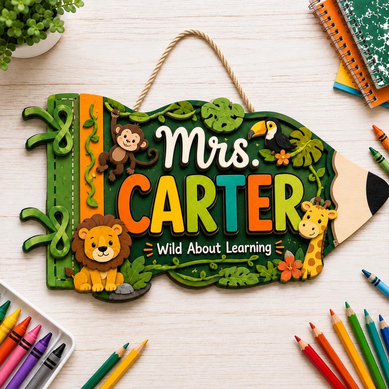 Personalized Jungle Teacher Pencil Sign, Safari Animals, Wild About Learning Classroom Decor