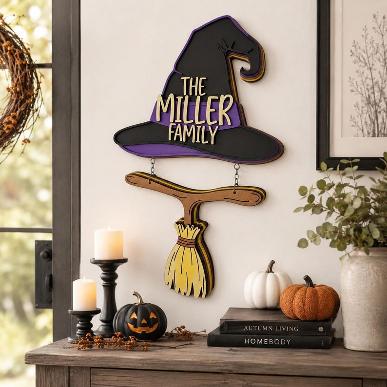 Personalized Witch Hat Halloween Door Sign, Layered Wooden Family Name Decor