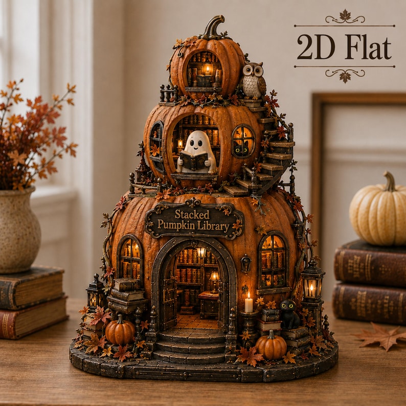 Stacked Pumpkin Library Halloween Decor, 2D Flat Wooden Book Lover, Ghost Reading Tabletop Decoration