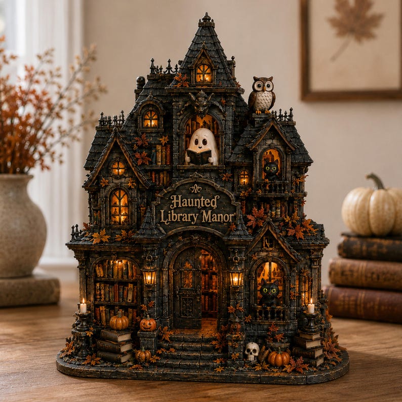 Haunted Library Manor Halloween Decor, Gothic Ghost Reading Wooden Sign, Dark Academia Shelf Sitter
