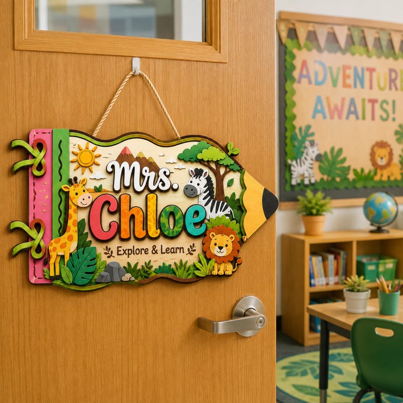 Personalized Safari Teacher Pencil Sign, Jungle Classroom Name Decor, Explore Learn, Back School Gift