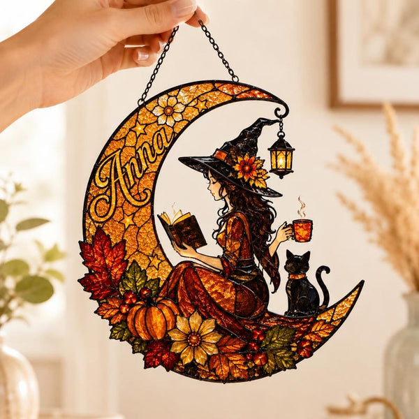 Autumn Witch Moon Suncatcher, Stained Glass Style Halloween Decor, Custom Name Suncatcher