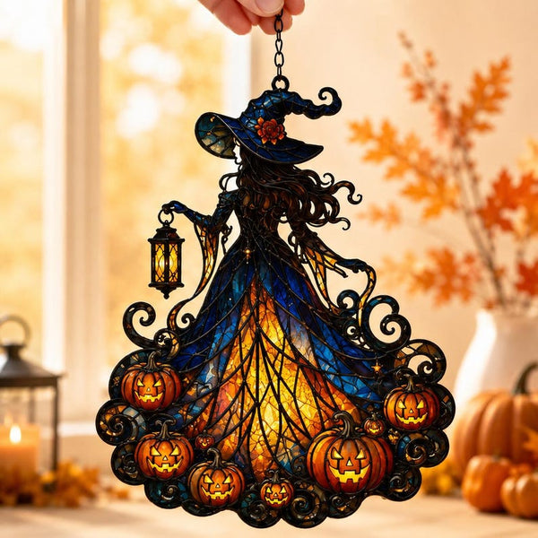 Autumn Witch Moon Suncatcher, Stained Glass Style Halloween Window Decor, Spooky Season Acrylic Ornament
