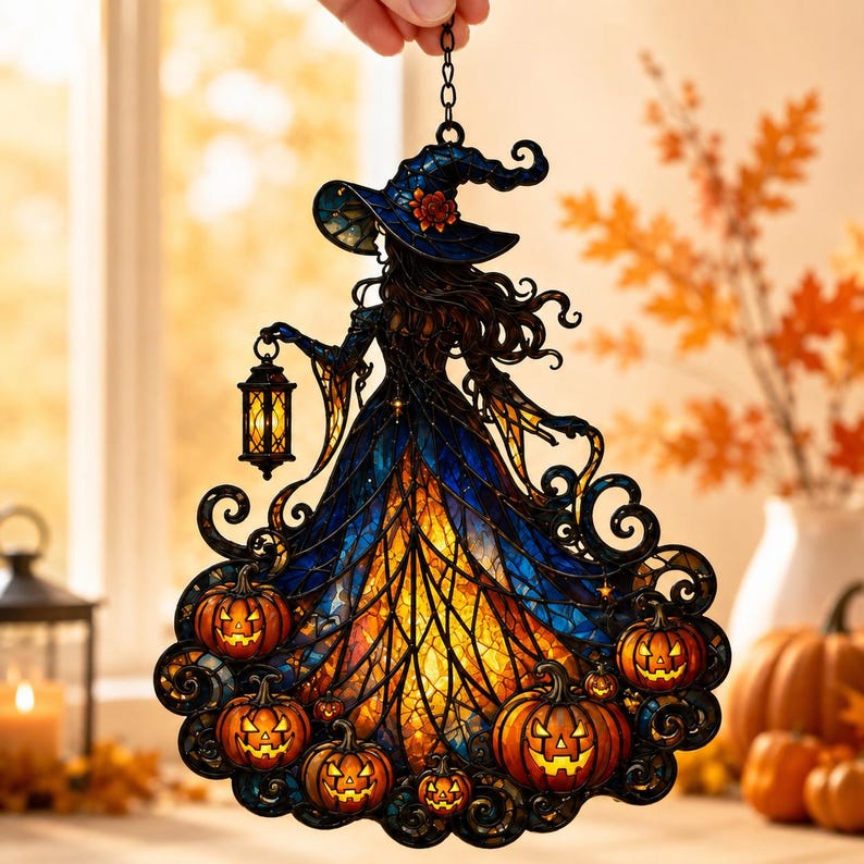 Autumn Witch Moon Suncatcher, Stained Glass Style Halloween Window Decor, Spooky Season Acrylic Ornament