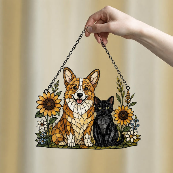 Corgi Black Cat Sunflower Acrylic Suncatcher, Floral Pet Window Hanging Art