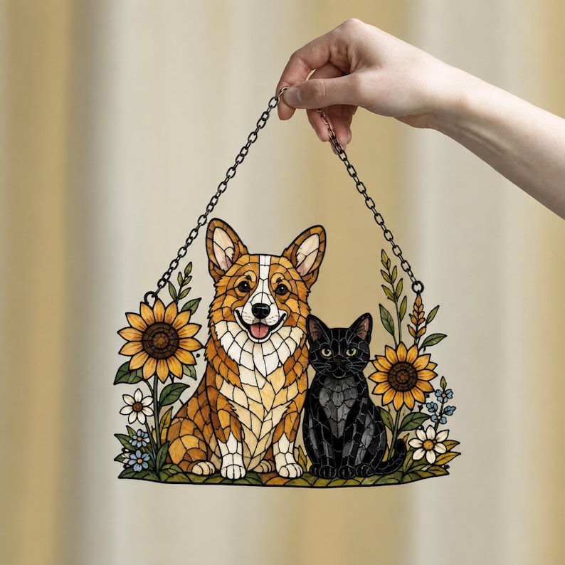 Corgi Black Cat Sunflower Acrylic Suncatcher, Floral Pet Window Hanging Art